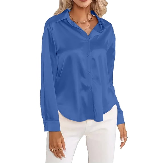 Satin Shirts for Women, Yigetop Satin Women's Shirt Soft Top Color Solid Temperament Casual Silky V Neck Women Shirts formal Shirts for Women Blue M