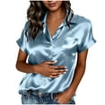 thumbnail image 1 of Satin Short Sleeve Shirt for Women Button down Lapel Collar Tops Summer Comfy Blouses with Pockets, 1 of 8