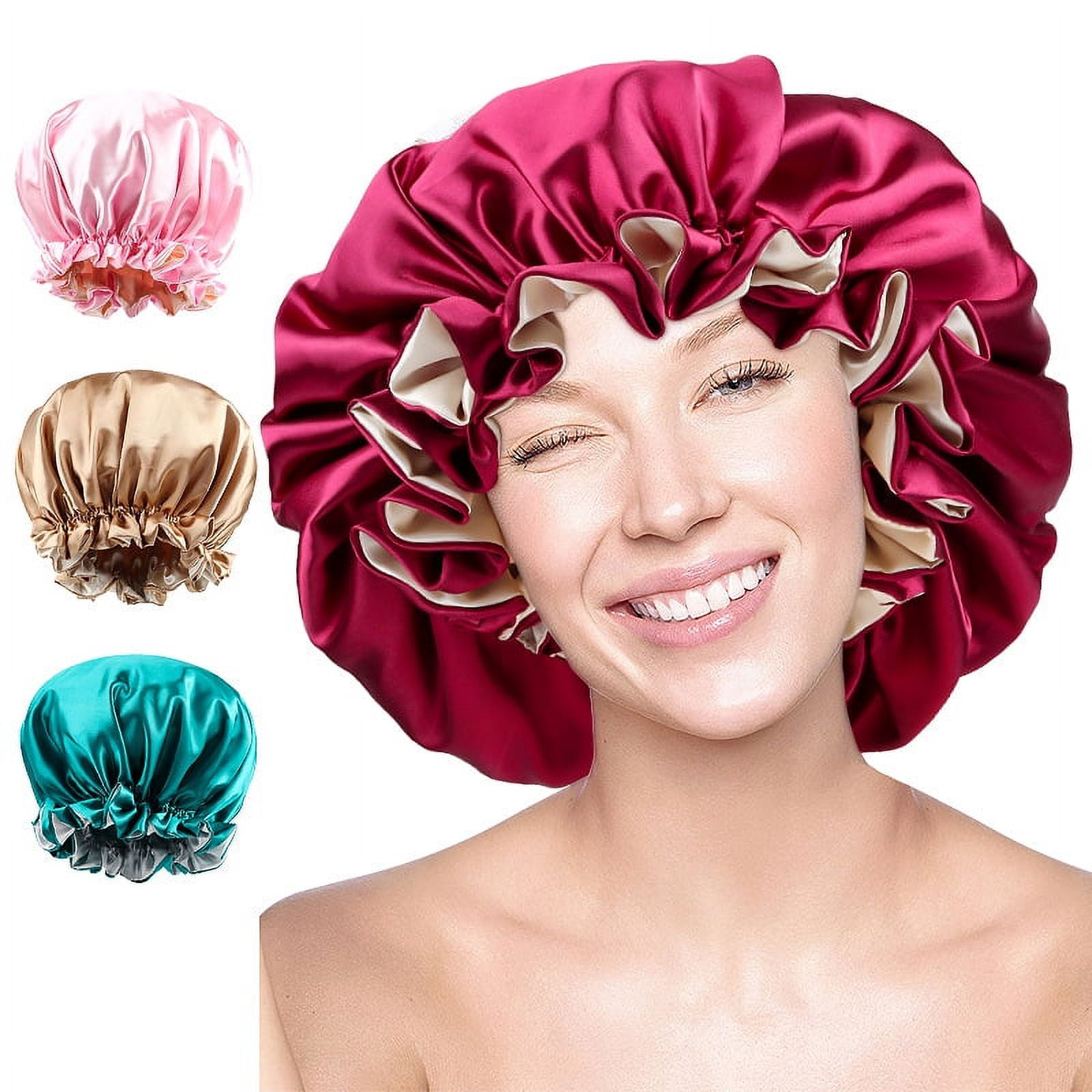 Satin Shower Cap, Double Layer Washable Shower Cap Elastic Band Shower