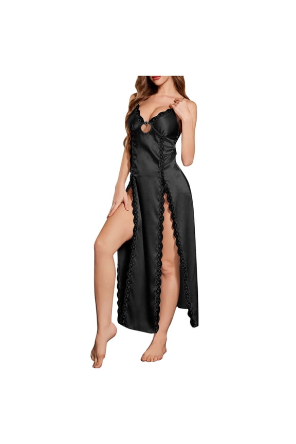 Satin Side Split Sleepdress for Women Sexy V Neck Chemise Lace Trim Nightgowns One Piece Long Lounging Dress