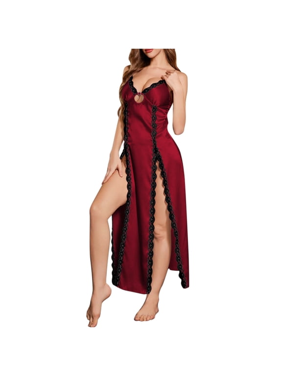 Satin Side Split Sleepdress for Women Sexy V Neck Chemise Lace Trim Nightgowns One Piece Long Lounging Dress