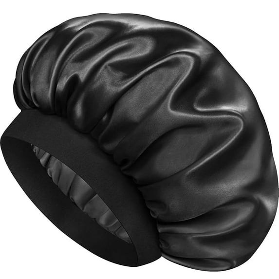 Satin Silk Bonnet for Sleeping, Double Layer Silk Sleep Cap for Men & Women, Soft Satin Lined Bonnet for Natural & Curly Hair-Black