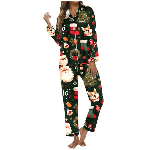 Satin Silk Christmas Pajamas Set for Women Winter Cute Holiday Xmas Graphic Lapel Button down Shirt Baggy Comfy Pants Casual Stylish 2 Piece Pjs Jammies 13-Dark Green L