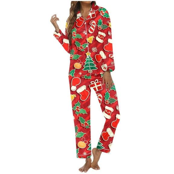 Satin Silk Christmas Pajamas Set for Women Winter Cute Holiday Xmas Graphic Lapel Button down Shirt Baggy Comfy Pants Casual Stylish 2 Piece Pjs Jammies 20-Red XL