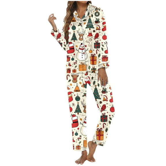 Satin Silk Christmas Pajamas Set for Women Winter Cute Holiday Xmas Graphic Lapel Button down Shirt Baggy Comfy Pants Casual Stylish 2 Piece Pjs Jammies 9-Beige XL
