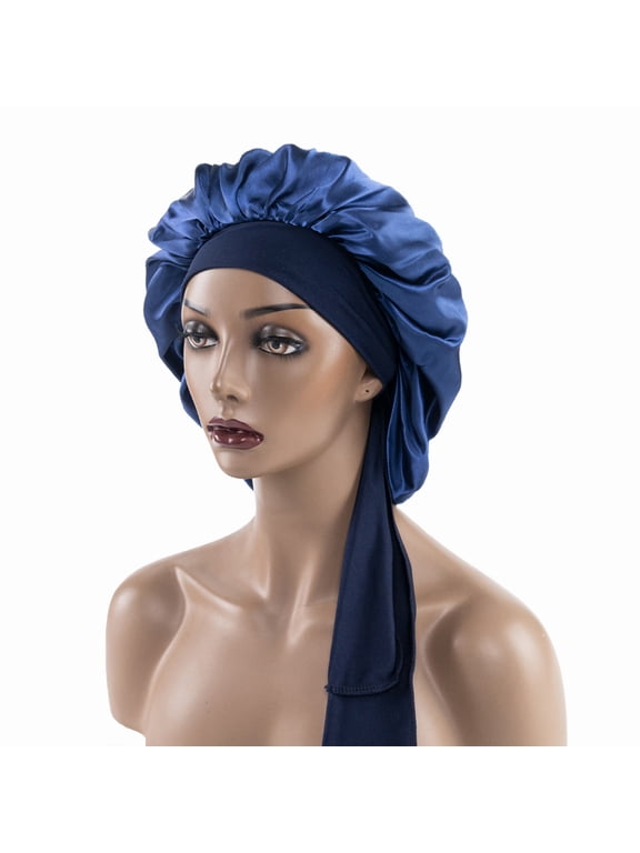 Satin Silk Hair Bonnet for Sleeping Large Bonnets with Tie Band Hair Wrap with Adjustable Straps Hair Cap Night Sleep Caps for Women Curly Braid Hair