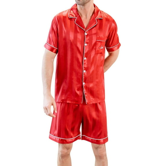 Satin Silk Pajamas Sets for Men Striped Button-Down PJs Sets Short Sleeve Classic Sleepwear 2 Piece Loungewear with Pockets