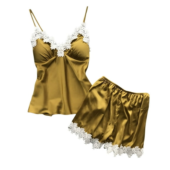 Satin Silk Pajamas for Women 2PCS Cami Sleeveless Tops Sleepwear Shorts Pajama Set Lece V-Neck Tops Loungewear Soft Nightwear Short Nightgowns for Women Yellow L
