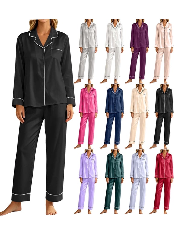 Satin Silk Pajamas for Women Button Down Long Sleeve Pjs Set | Classic Silky Pijamas De Mujer, Notch Collar Lounge Sets With Pockets, Fall Winter Black M