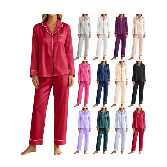 Satin Silk Pajamas for Women Button Down Long Sleeve Pjs Set | Classic Silky Pijamas De Mujer, Notch Collar Lounge Sets With Pockets, Fall Winter Red L