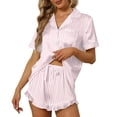 thumbnail image 1 of Satin Silk Pajamas for Women 2Pcs Ruffle Notch Collar Sleepwear Button Down Short Sleeve Shorts Pjs Set Loungewear, 1 of 5