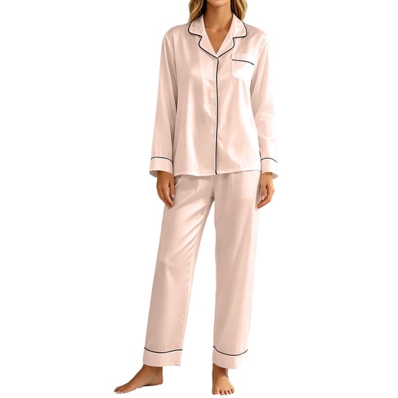 Satin Silk Pajamas for Women Button Down Long Sleeve PJs Set Lounge Set with Pockets Fall Winter Soft 2 Piece Sleepwear Loungewear Pajama Set