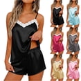 thumbnail image 1 of Satin Silk Pajamas for Women V Neck Lace Trim Spaghetti Strap Cami Top and Shorts Set 2 Piece Summer Sleepwear Pjs, L, 1 of 8