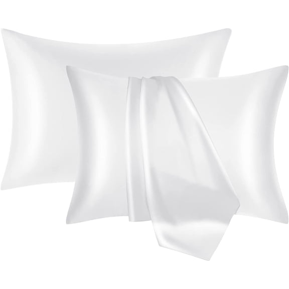 Satin Silk Pillowcase for Hair and Skin, White Pillow Cases Standard Size Set of 2 Pack Super Soft Pillow Case with Envelope Closure (20x26 Inches) SORMAG
