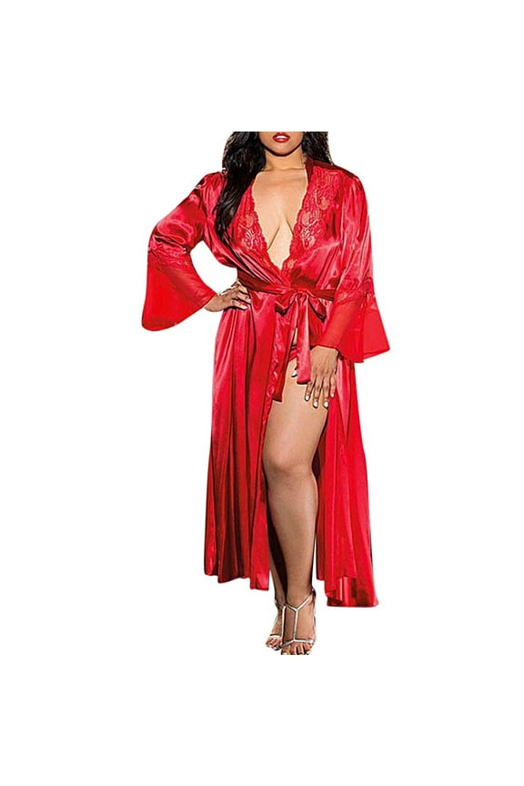 Satin Silk Robes for Women Long Long Lingerie Kimono Bath Robe Sexy Dressing Gown Lace Silk Robes Sleepwear Red XXL
