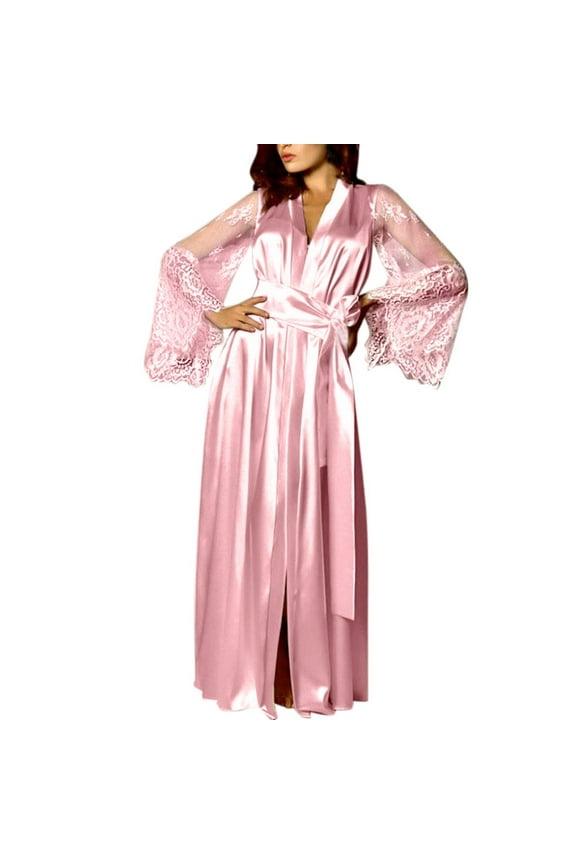 Satin Silk Robes for Women Long Satin Long Nightdress Silk Lace Lingerie Nightgown Sleepwear Sexy Robe Belted Bathrobe Pink S