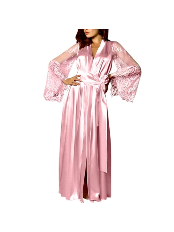 Satin Silk Robes for Women Long Satin Long Nightdress Silk Lace Nightgown Sleepwear Sexy Robe Belted Bathrobe Pink XL