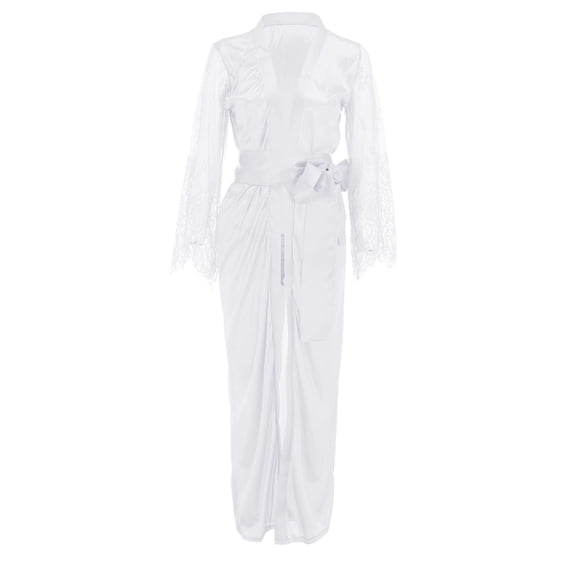 Satin Silk Robes for Women Long Satin Long Nightdress Silk Lace Nightgown Sleepwear Sexy Robe Belted Bathrobe White XL
