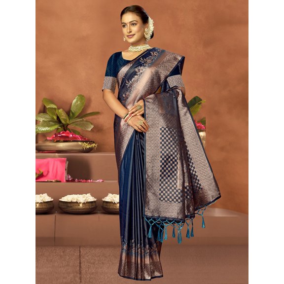 Satin Silk Saree With Attractive Border And Pallu For Festivals – Dark Blue