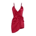 thumbnail image 1 of Satin Silk Sexy Night Dress for Women Spaghetti Strap Front Waist Tie Knot Ruffle Hem Short Mini Dress Babydoll Chemise Lingerie, 1 of 3