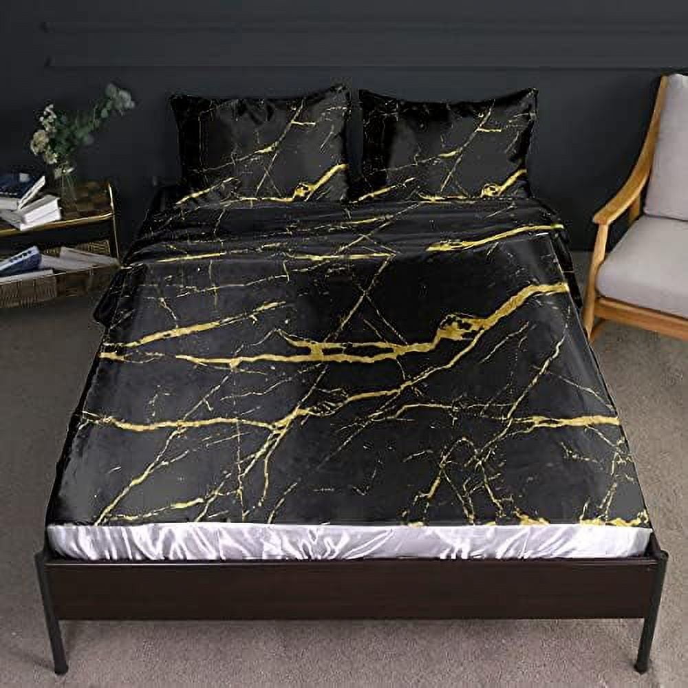 Satin Silk Sheets King Marble Bedding Set 4 Pcs Soft Silky Black and