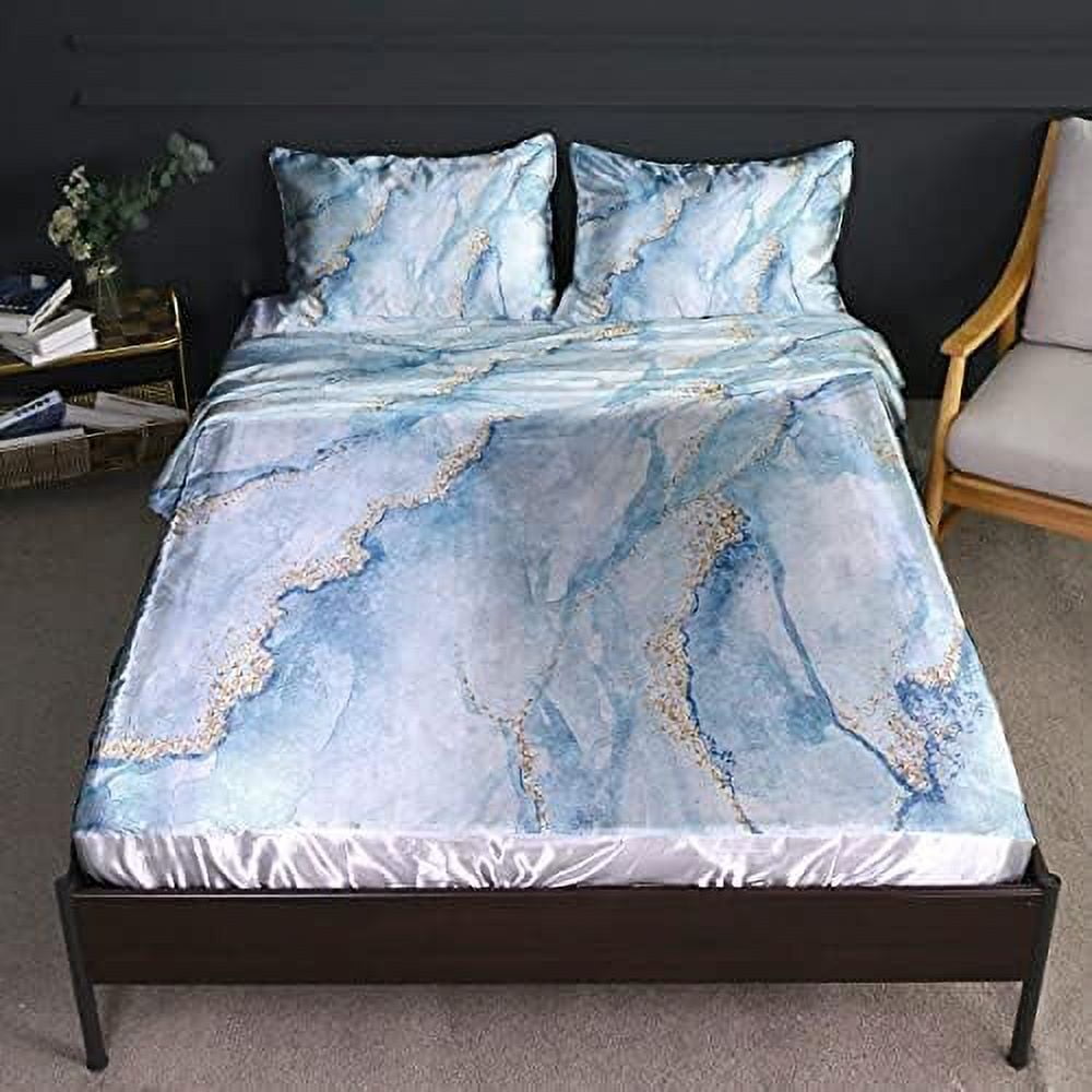 Satin Silk Sheets King Marble Bedding Set 4 Pcs Soft Silky Black and