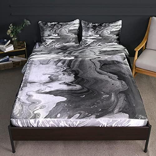 Satin Silk Sheets King Marble Bedding Set 4 Pcs Soft Silky Black and