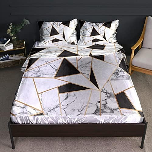 Satin Silk Sheets King Marble Bedding Set 4 Pcs Soft Silky Black and