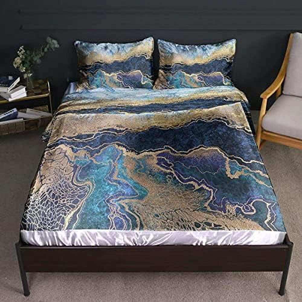 Satin Silk Sheets King Marble Bedding Set 4 Pcs Soft Silky Black and