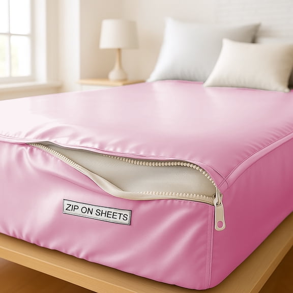 Satin Silk Sheets Zip On Fitted Sheet Full Size 54X75 - Includes 2 Zip Sheets +1 Bottom Fitted Base - Fit's 16” In Deep Pocket - Easy to Use,Soft,Smooth -Fitted Sheet-Babypink - Color