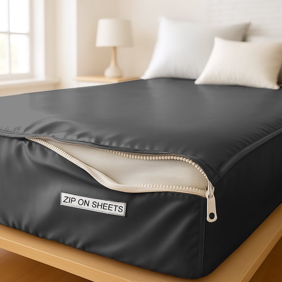 Satin Silk Sheets Zip On Fitted Sheet Full Size 54X75 - Includes 2 Zip Sheets +1 Bottom Fitted Base - Fit's 16” In Deep Pocket - Easy to Use,Soft,Smooth -Fitted Sheet-Darkgrey - Color