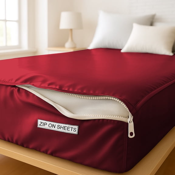 Satin Silk Sheets Zip On Fitted Sheet Full XL Size 54X80 - Includes 2 Zip Sheets +1 Bottom Fitted Base - Fit's 16” In Deep Pocket - Easy to Use,Soft,Smooth -Fitted Sheet-Burgundy - Color