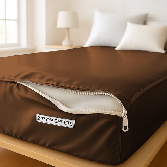 Satin Silk Sheets Zip On Fitted Sheet Full XL Size 54X80 - Includes 2 Zip Sheets +1 Bottom Fitted Base - Fit's 16” In Deep Pocket - Easy to Use,Soft,Smooth -Fitted Sheet-Brown - Color