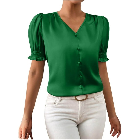 Satin Silk Shirts Women Short Puff Sleeve Tops Tshirt Casual Vneck Loose Blouses 2025 Trendy Outfit