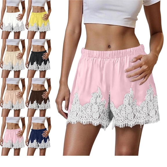 Satin Silk Shorts for Women Y2K Low Rise Lace Trim Micro Mini Shorts Cute Coquette Lounge Pajama Half Slip Bottoms Pink S