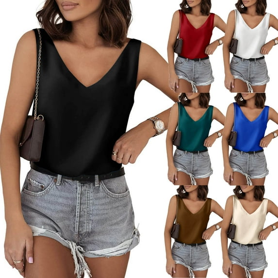 Satin Silk Summer Sleeveless Shirt For Women V Neck Tank Tops Basic Camisole Shirts Bottoming Shirt