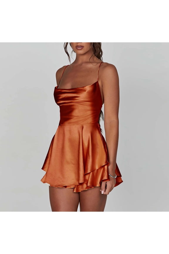 Satin Silk Women Sexy Cami Playsuits Dress Solid Cowl Neck Sleeveless Short Jumpsuits Summer Cross Tie-Up Backless Romper