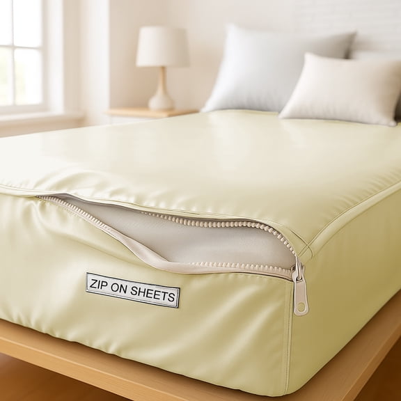 Satin Silk Zip On Fitted Sheets Twin Size 39X75 - Includes 2 Zip Sheets 1 Bottom Fitted Base - Fit's 16” In Deep Pocket - Easy to Use,Soft,Smooth -Fitted Sheet-lvory - Color