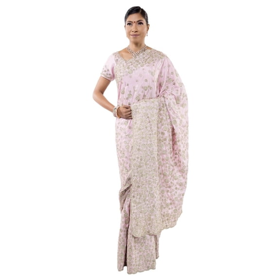 Satin Silk saree with bead work embroidery - Pink Size: XXS, Color: Pink