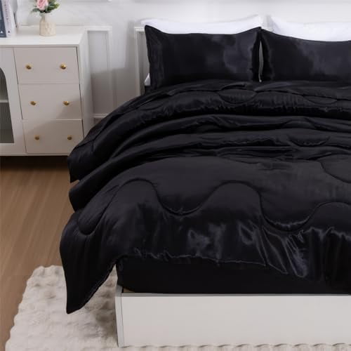 Satin Silky Soft Quilt Luxury Super Soft Microfiber Bedding Comforter Set, Light Weighted (Black, Twin)