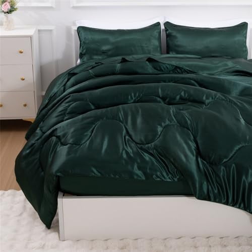 Satin Silky Soft Quilt Sexy Luxury Super Soft Microfiber Bedding Comforter Set Full/Queen, Light Weighted (Blackish Green, Queen)