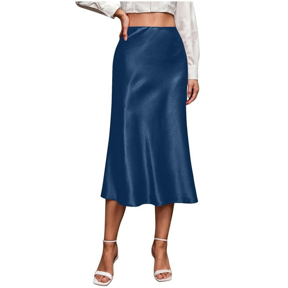 Satin Skirt for Women Midi Length High Waist a Line Flowy Casual Elegant Skirts for Office Wedding Party Blue XS
