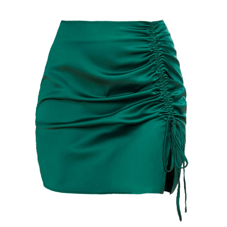 BLVB Women s Satin Mini Skirts High Waisted Drawstring Ruched Split Hem Party Club Warp Short Skirts Walmart