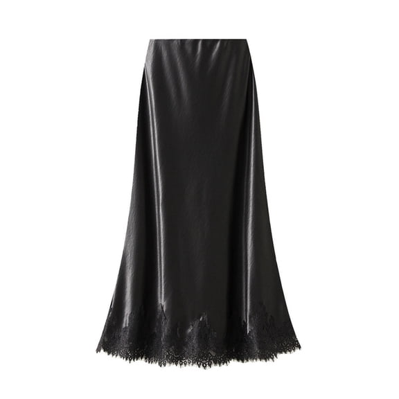 Satin Skirts For Women Midi Length High Waist Silk Satin Midi Skirt Casual Ladies Skirts A Line Flowy Ruffle Elegant Party Skirts With Allover Lace Trim Long Skirts For Women