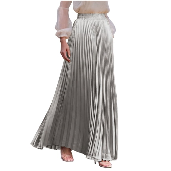 Satin Skirts for Women Boho Pleated Maxi Skirt Elegant Elastic Swing Long Skirt High Waist A Line Casual Holiday Skirts