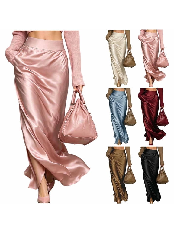 Satin Skirts for Women, High Rise Elastic Waist Side Split Maxi-Length, Fall Elegant Cocktail Evening Party Skirt S-XXL