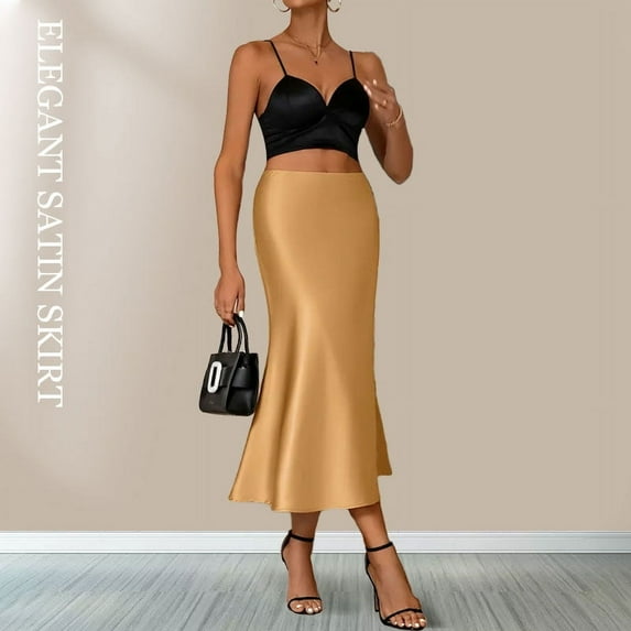 Satin Skirts for Women Korean Style Champagne Office High Waist A-line Skort Fashion Elegant Solid Long Pencil Skirt Silk Like