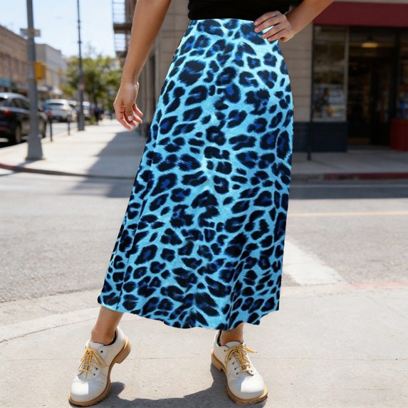 Satin Skirts for Women Leopard Print Skirt Flowy Elegant High Waist Summer Casual Party Wear Womens Maxi Skirt Blue L