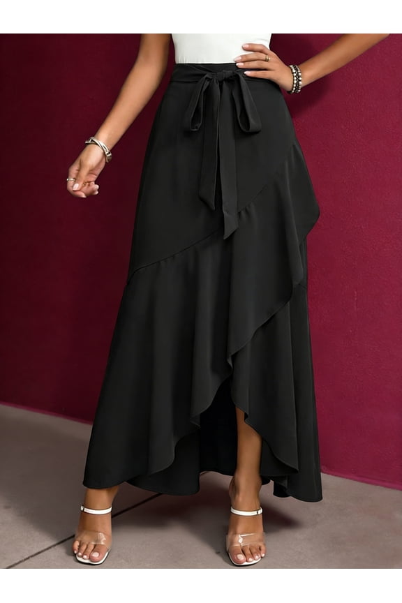 Satin Skirts for Women Spring Summer Tie Waist Ruffle Skirt Casual Formal Evening High-Low Hem Formal Skirt S-2XL