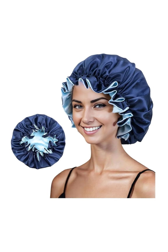 Satin Sleep Bonnet Elasticity Wide Band Silky Hair Protection for Curly and Natural Hair - Navy Blue